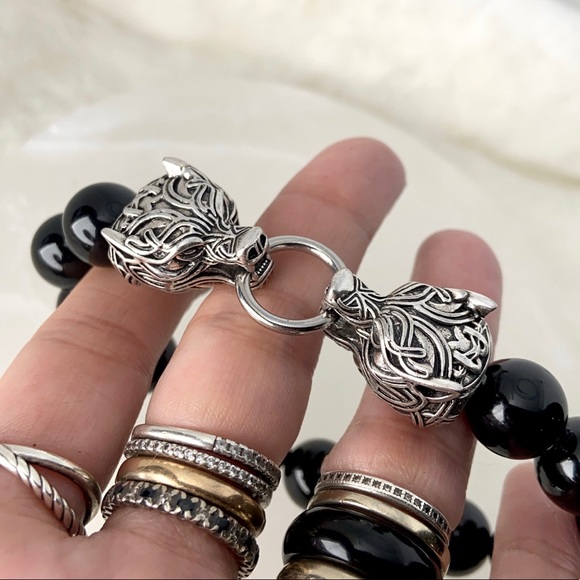 Men or women Rocker viking stainless steel tribal wolfs heads & genuine onyx - Picture 4 of 16